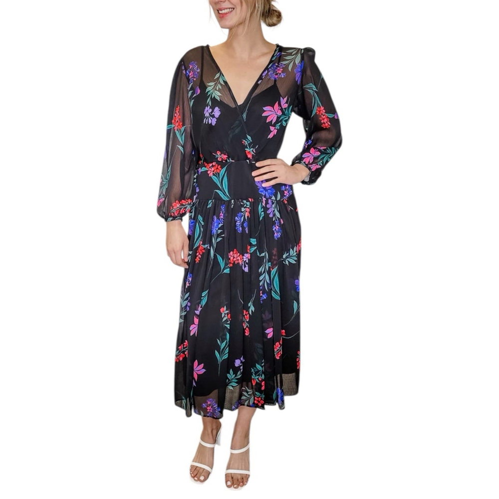 CALVIN KLEIN Floral Chiffon Faux Wrap Midi Dress Black Multi Size 6